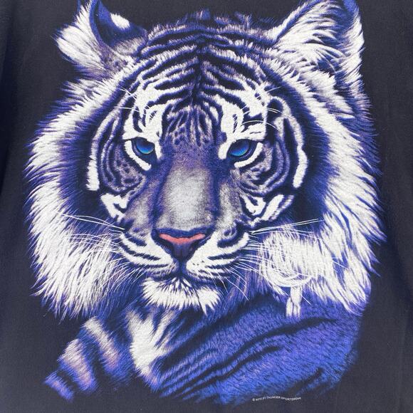 Vintage 90's Thunder Sportswear White Tiger Graphic Print T-Shirt Sz XL Black - Picture 2 of 7